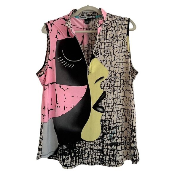 Jamie Sadock Women XL 1/4 Zip Sleeveless Golf Top Artsy Face Profile Pink Black - Picture 4 of 11
